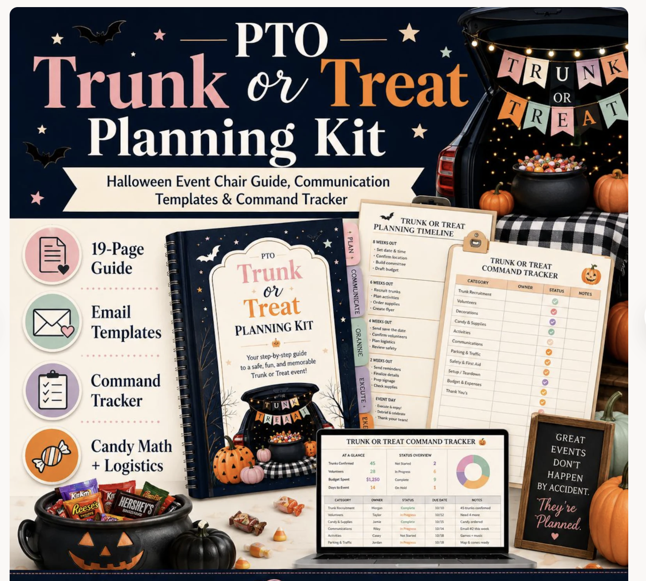 Trunk or Treat planning kit for PTO leaders with event chair guide, communication templates, command tracker, and candy math tools