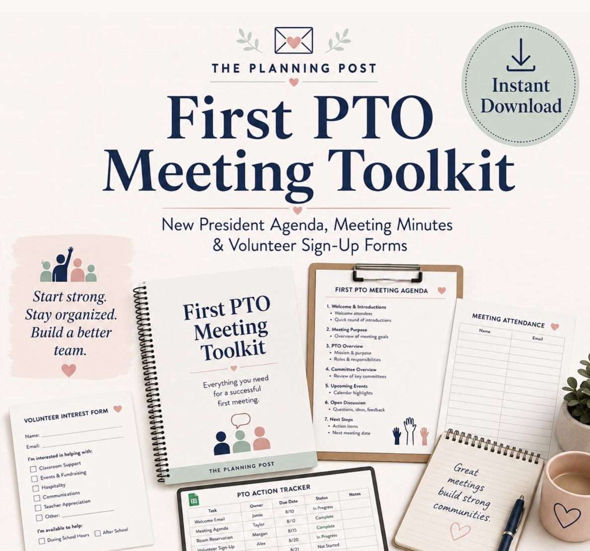 First PTO Meeting Toolkit by The Planning Post showing agenda, meeting minutes, volunteer sign-up forms, and action tracker