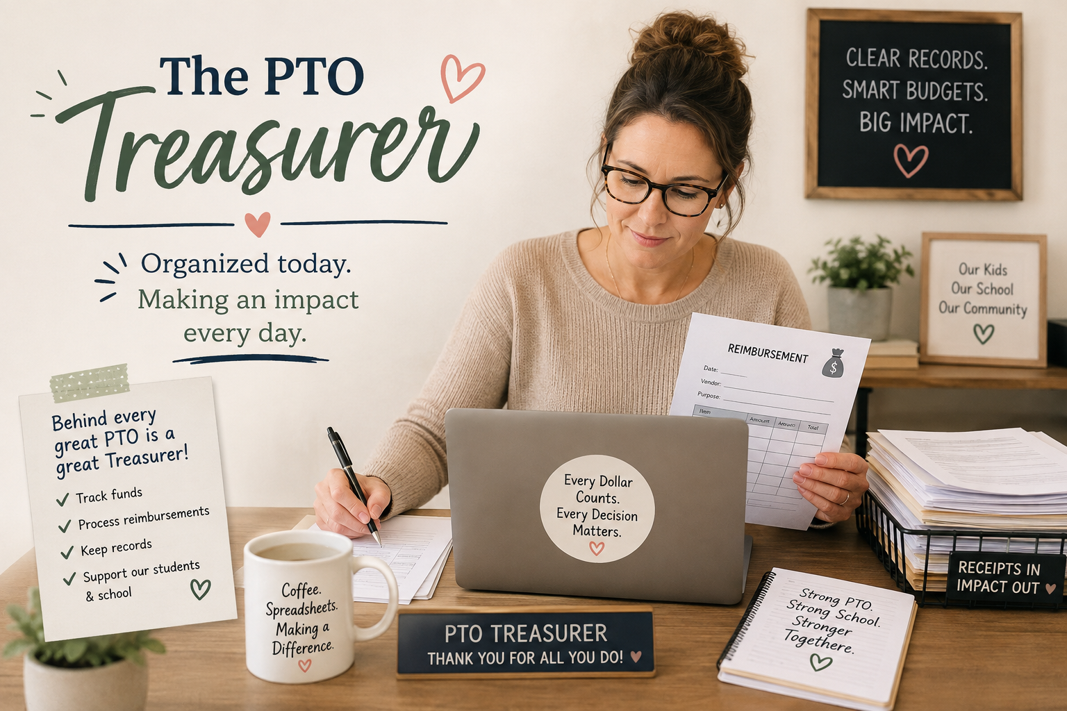 PTO treasurer desk scene with budget tracker, reimbursement forms, and organizer tools for school parent organization finance