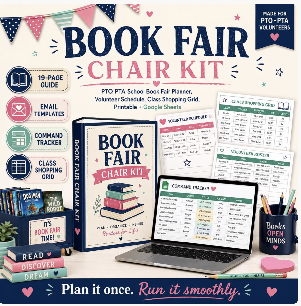Book fair planning timeline hero image showing the Book Fair Chair Kit with command tracker, volunteer schedule, and class shopping grid for PTO and PTA leaders