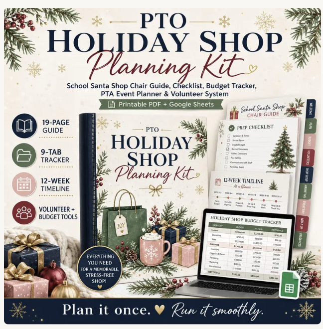 PTO Holiday Shop Planning Kit with chair guide, checklist, budget tracker, and timeline