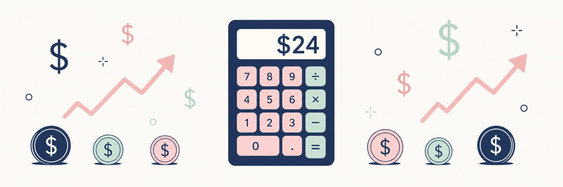 Fundraiser pricing calculator illustration with dollar signs, coins, and upward growth arrows.