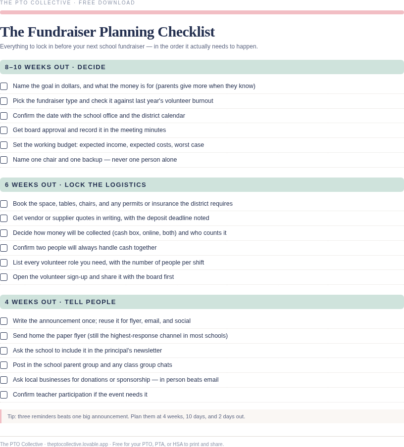 Preview of the printable fundraiser planning checklist