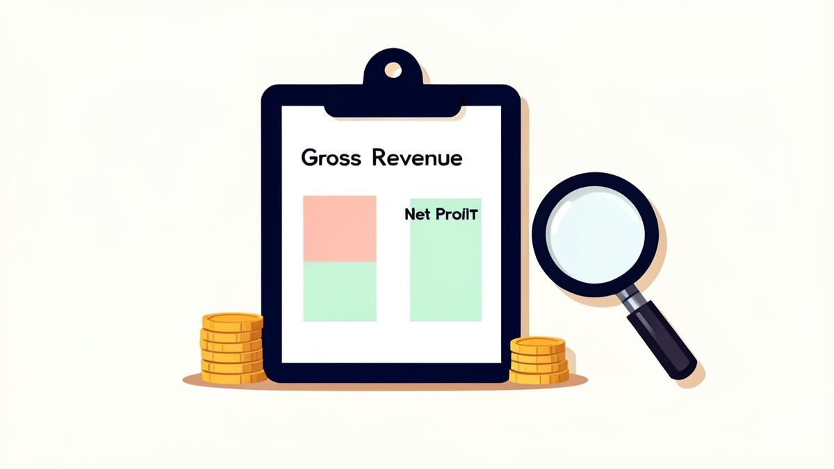 Clipboard comparing gross revenue and net profit for a high-profit school fundraiser
