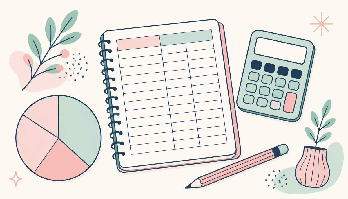 A ruled ledger notebook, calculator, pie chart, and pencil laid out on a desk