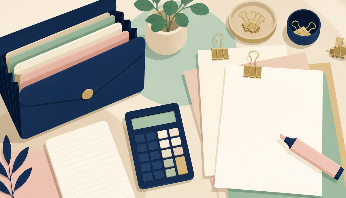PTO treasurer monthly checklist desk with budget folders, receipt organizer, bank statement, and calculator