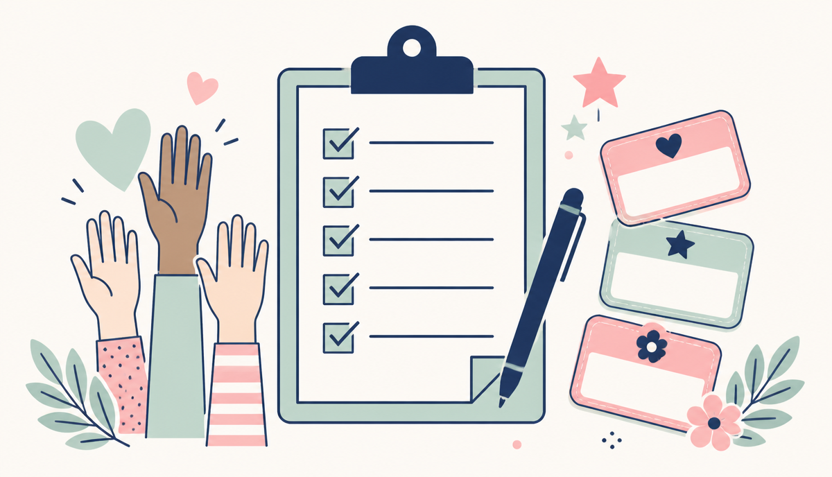 A volunteer sign-up clipboard with checkboxes, raised hands, and blank name tags