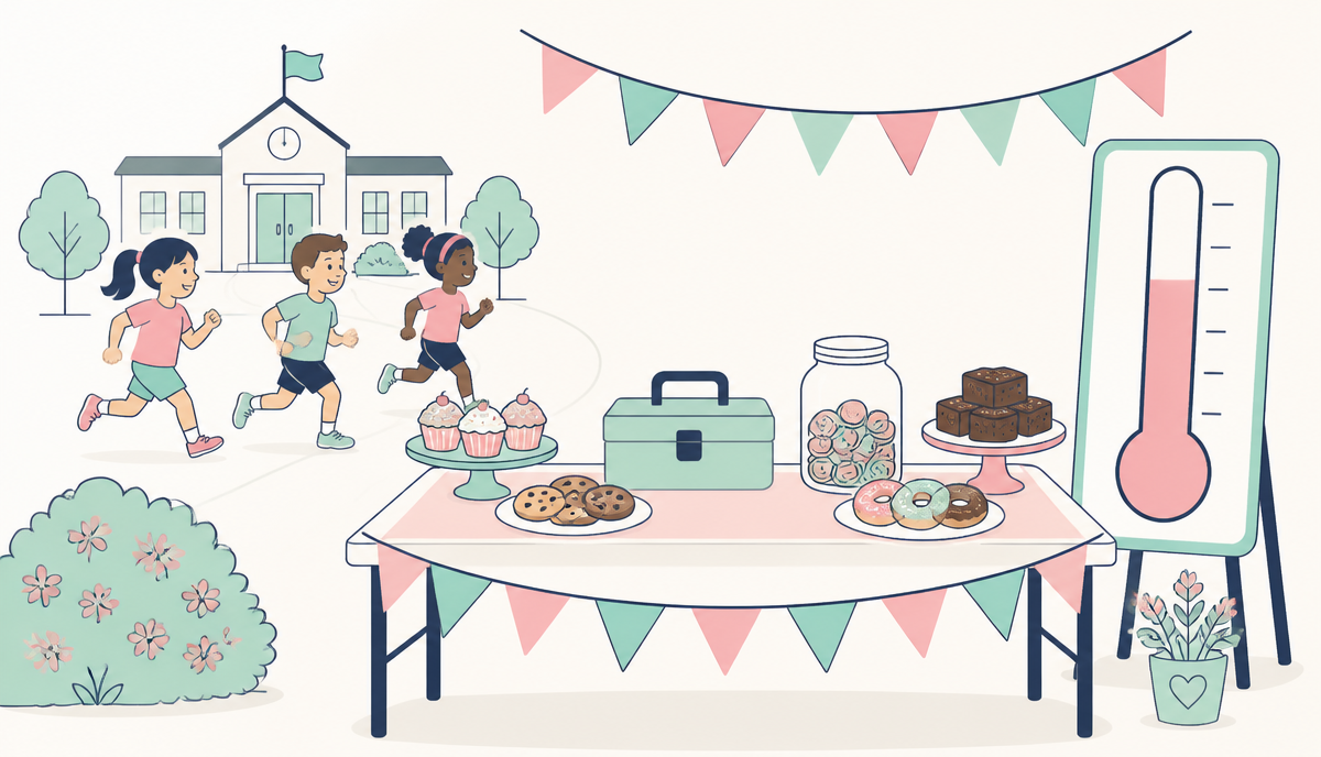 A donation jar, growth chart, and school building illustration representing PTO fundraising