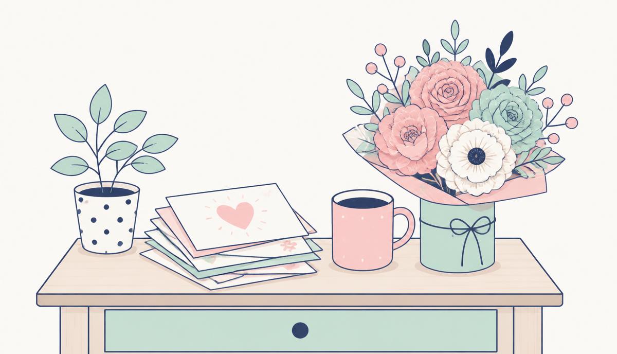 A thank-you card, apple, coffee cup, and bouquet illustration for teacher appreciation week